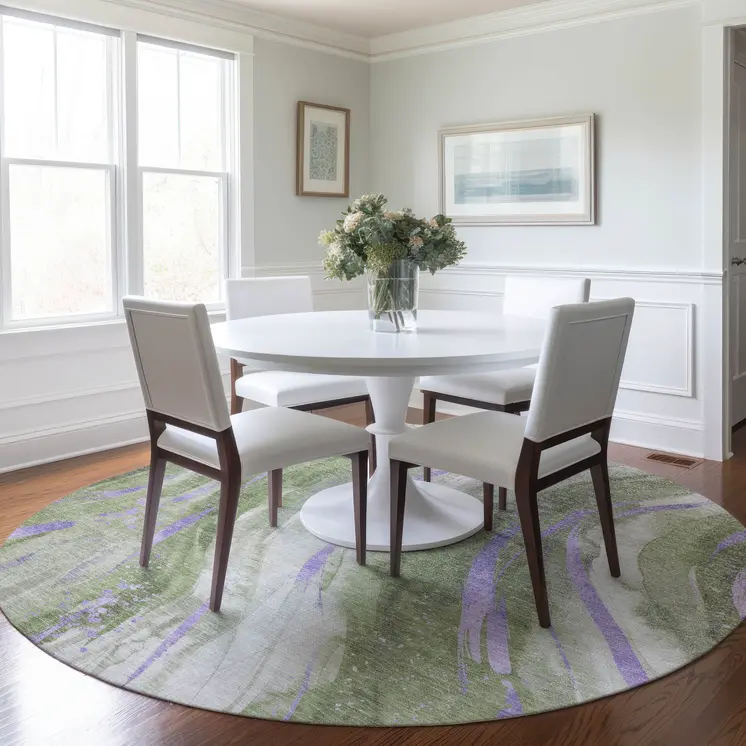 8' Olive Green Lavender And Ivory Round Abstract Washable Indoor Outdoor Area Rug