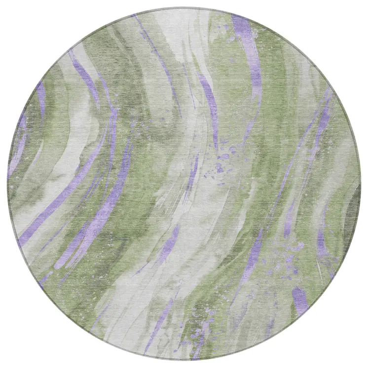 8' Olive Green Lavender And Ivory Round Abstract Washable Indoor Outdoor Area Rug