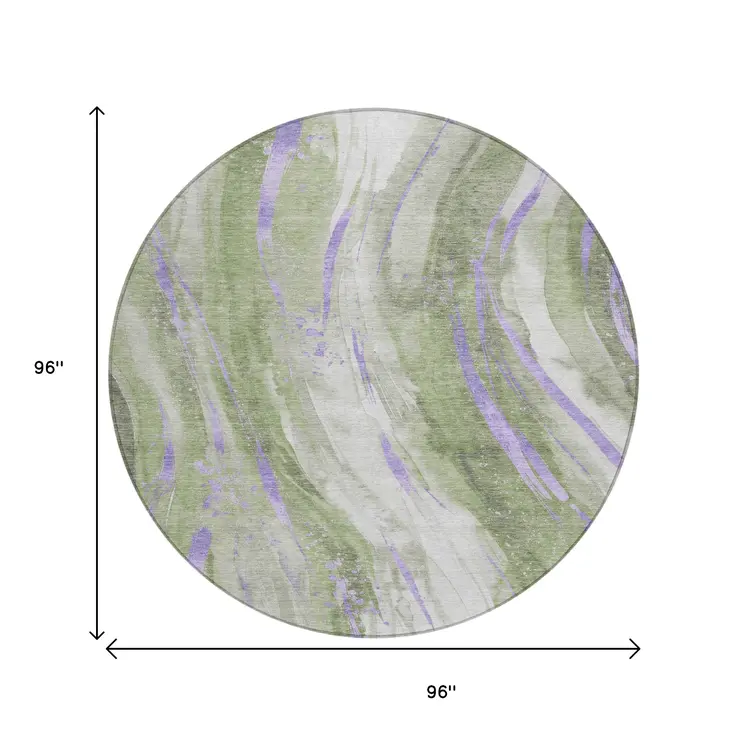 8' Olive Green Lavender And Ivory Round Abstract Washable Indoor Outdoor Area Rug