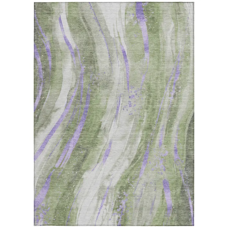 8' X 10' Olive Green Lavender And Ivory Abstract Washable Indoor Outdoor Area Rug