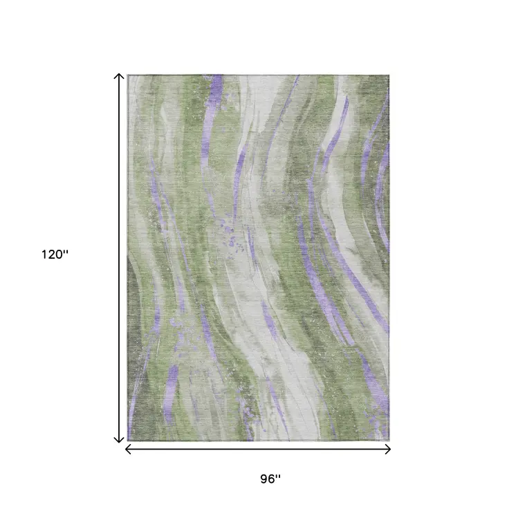 8' X 10' Olive Green Lavender And Ivory Abstract Washable Indoor Outdoor Area Rug