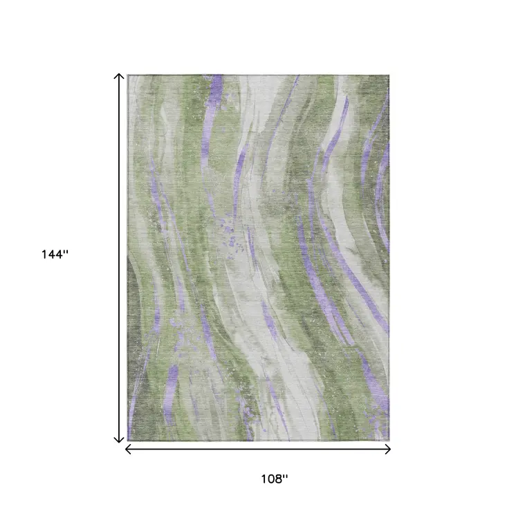 9' X 12' Olive Green Lavender And Ivory Abstract Washable Indoor Outdoor Area Rug