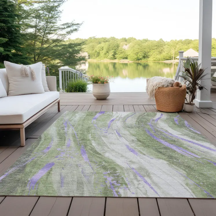 9' X 12' Olive Green Lavender And Ivory Abstract Washable Indoor Outdoor Area Rug