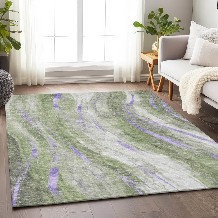 9' X 12' Olive Green Lavender And Ivory Abstract Washable Indoor Outdoor Area Rug
