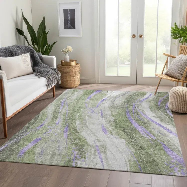 9' X 12' Olive Green Lavender And Ivory Abstract Washable Indoor Outdoor Area Rug