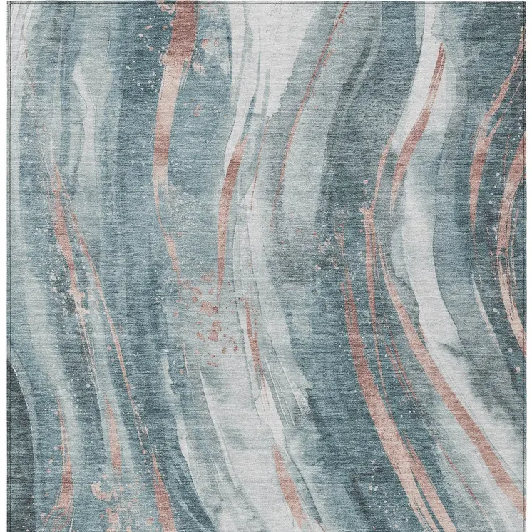 3' X 5' Teal Blue Salmon And Ivory Abstract Washable Indoor Outdoor Area Rug