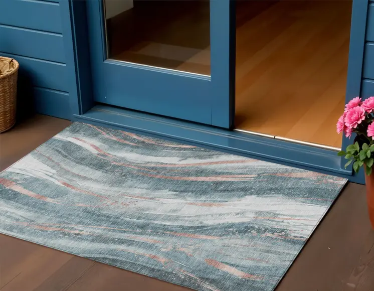 3' X 5' Teal Blue Salmon And Ivory Abstract Washable Indoor Outdoor Area Rug