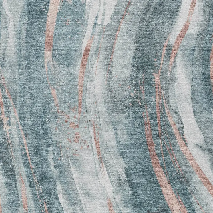 3' X 5' Teal Blue Salmon And Ivory Abstract Washable Indoor Outdoor Area Rug