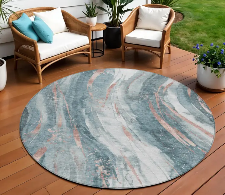 8' Teal Blue Salmon And Ivory Round Abstract Washable Indoor Outdoor Area Rug