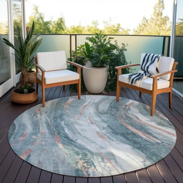 8' Teal Blue Salmon And Ivory Round Abstract Washable Indoor Outdoor Area Rug
