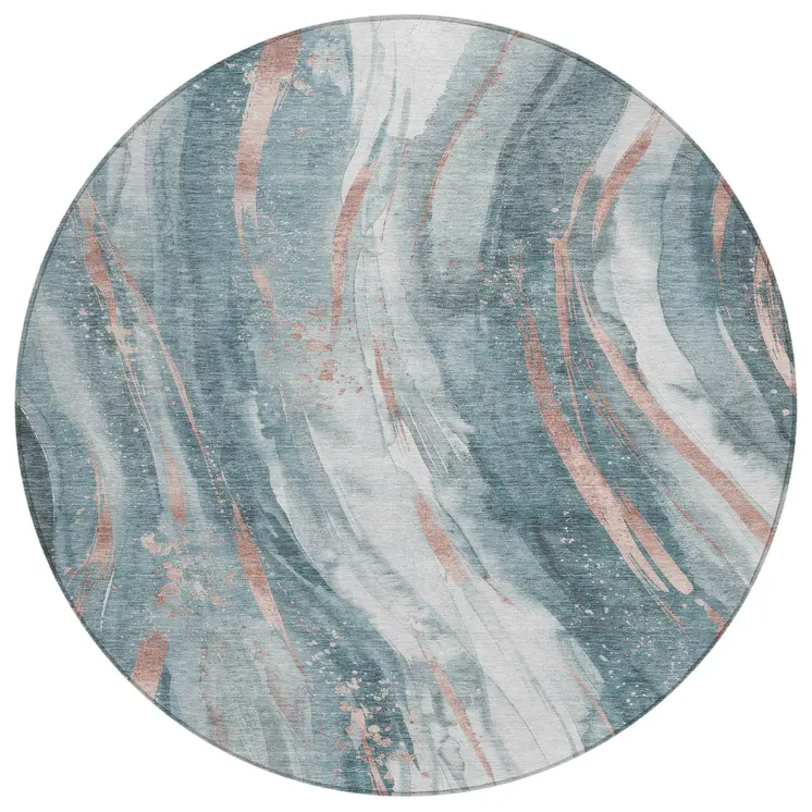 8' Teal Blue Salmon And Ivory Round Abstract Washable Indoor Outdoor Area Rug