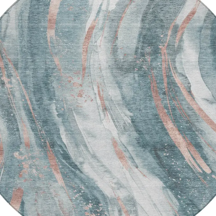 8' Teal Blue Salmon And Ivory Round Abstract Washable Indoor Outdoor Area Rug