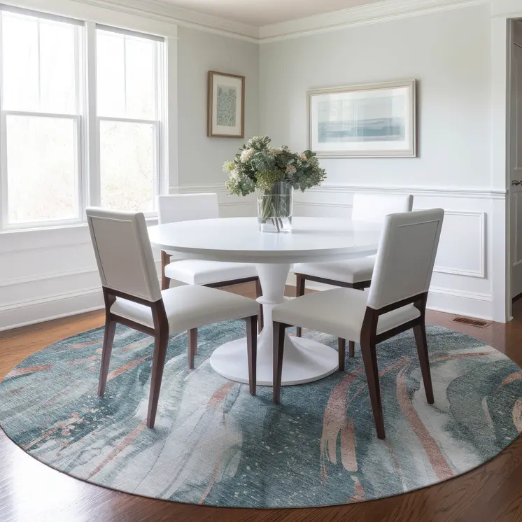 8' Teal Blue Salmon And Ivory Round Abstract Washable Indoor Outdoor Area Rug