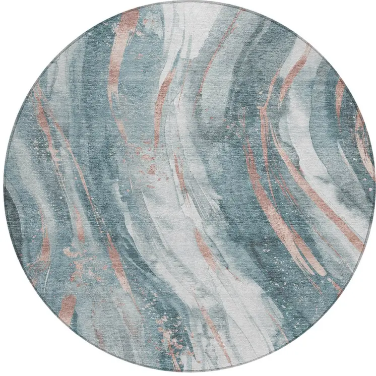 8' Teal Blue Salmon And Ivory Round Abstract Washable Indoor Outdoor Area Rug