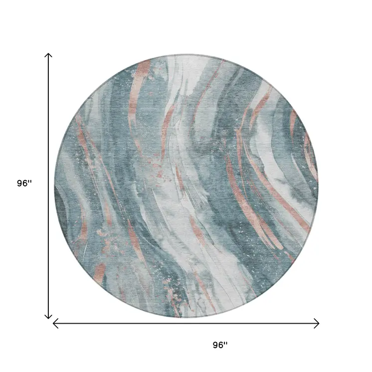 8' Teal Blue Salmon And Ivory Round Abstract Washable Indoor Outdoor Area Rug