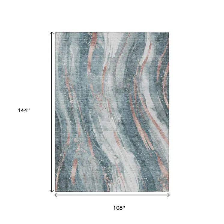 9' X 12' Teal Blue Salmon And Ivory Abstract Washable Indoor Outdoor Area Rug