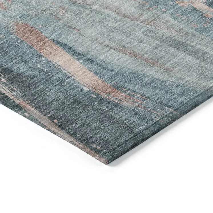 9' X 12' Teal Blue Salmon And Ivory Abstract Washable Indoor Outdoor Area Rug