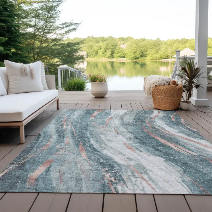 10' X 14' Teal Blue Salmon And Ivory Abstract Washable Indoor Outdoor Area Rug