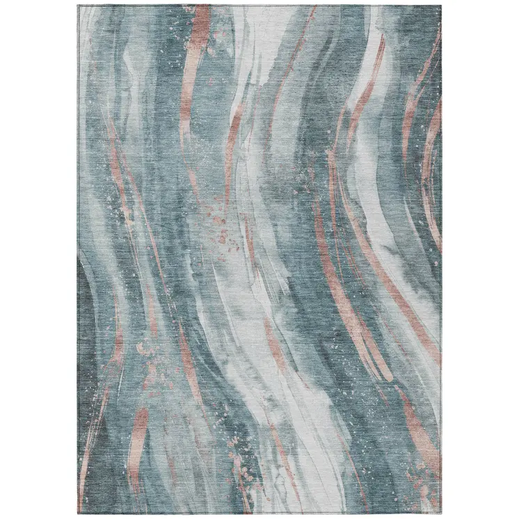 10' X 14' Teal Blue Salmon And Ivory Abstract Washable Indoor Outdoor Area Rug