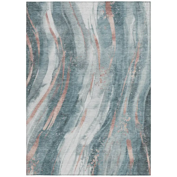 10' X 14' Teal Blue Salmon And Ivory Abstract Washable Indoor Outdoor Area Rug