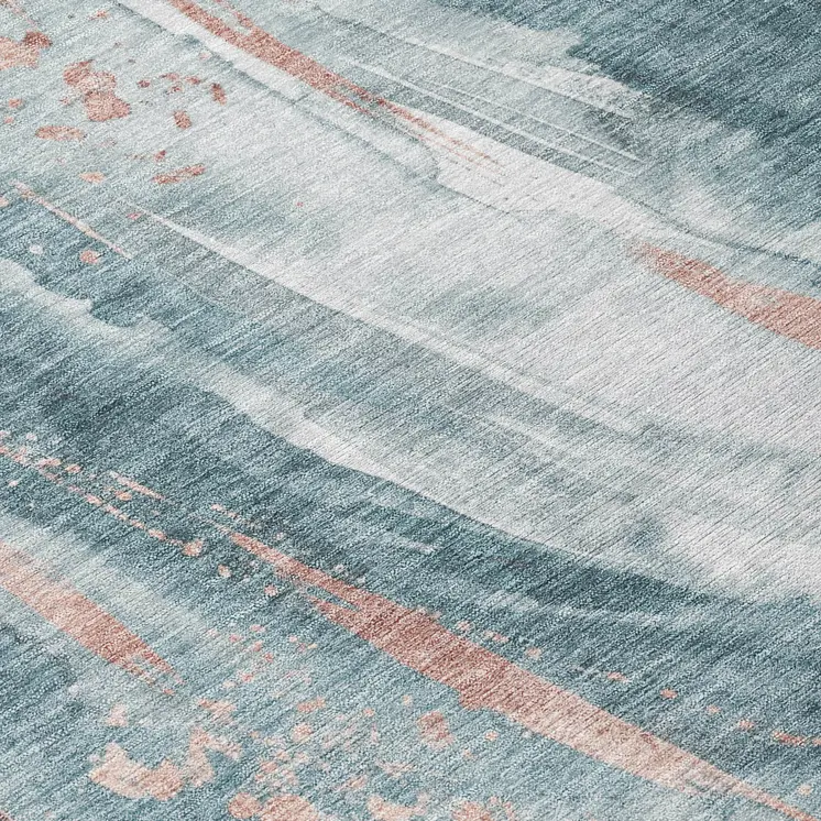 10' X 14' Teal Blue Salmon And Ivory Abstract Washable Indoor Outdoor Area Rug