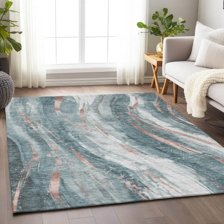 10' X 14' Teal Blue Salmon And Ivory Abstract Washable Indoor Outdoor Area Rug