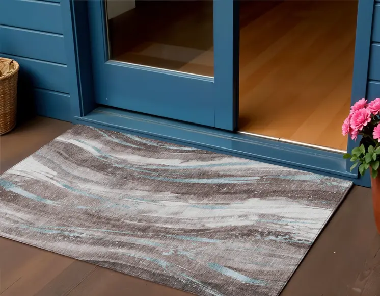 3' X 5' Taupe Sky Blue And Ivory Abstract Washable Indoor Outdoor Area Rug
