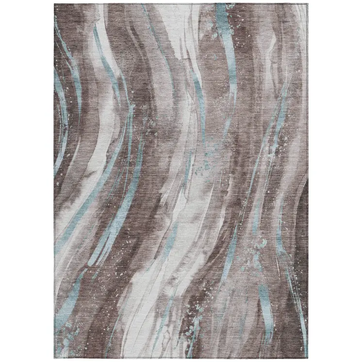 3' X 5' Taupe Sky Blue And Ivory Abstract Washable Indoor Outdoor Area Rug
