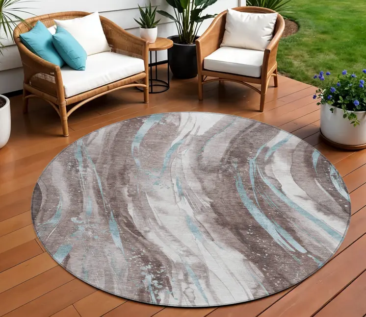 8' Taupe Sky Blue And Ivory Round Abstract Washable Indoor Outdoor Area Rug