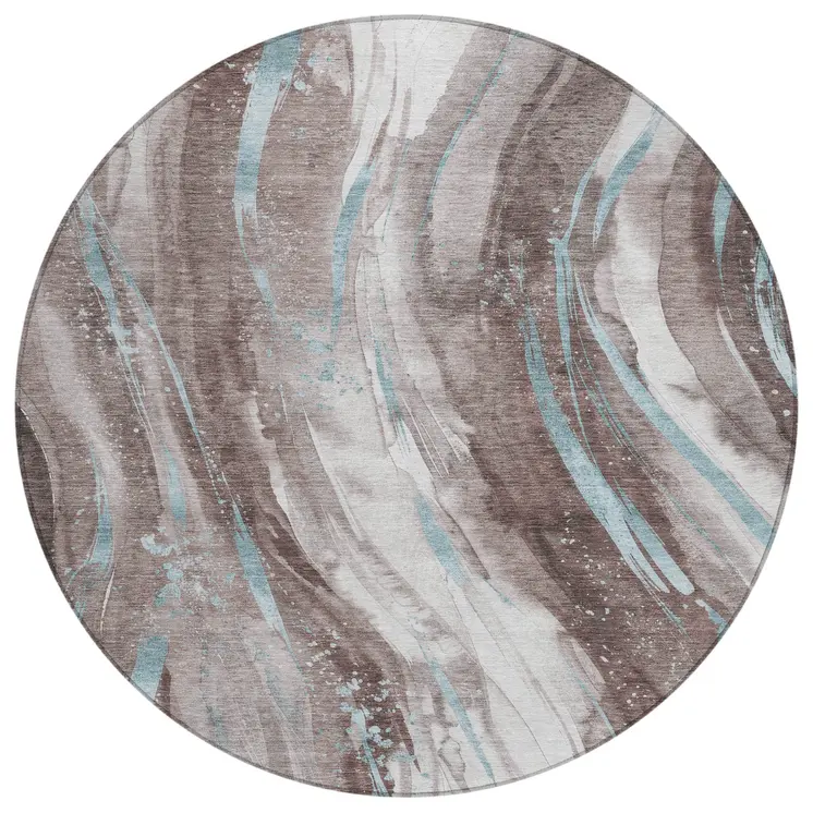 8' Taupe Sky Blue And Ivory Round Abstract Washable Indoor Outdoor Area Rug