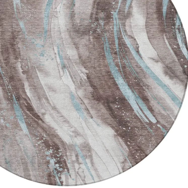 8' Taupe Sky Blue And Ivory Round Abstract Washable Indoor Outdoor Area Rug