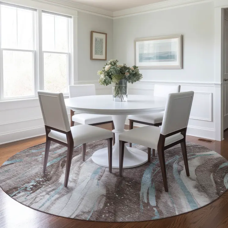 8' Taupe Sky Blue And Ivory Round Abstract Washable Indoor Outdoor Area Rug