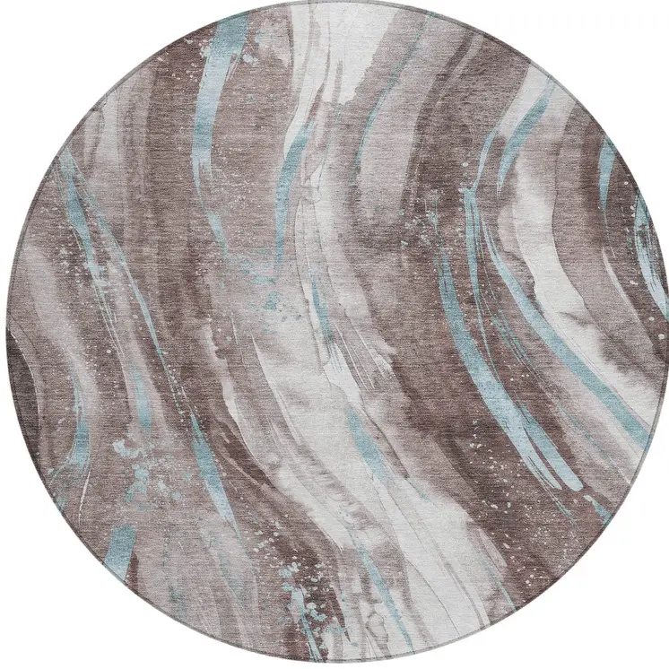 8' Taupe Sky Blue And Ivory Round Abstract Washable Indoor Outdoor Area Rug
