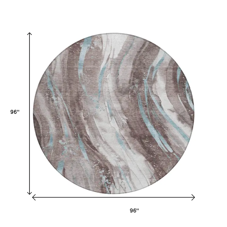 8' Taupe Sky Blue And Ivory Round Abstract Washable Indoor Outdoor Area Rug