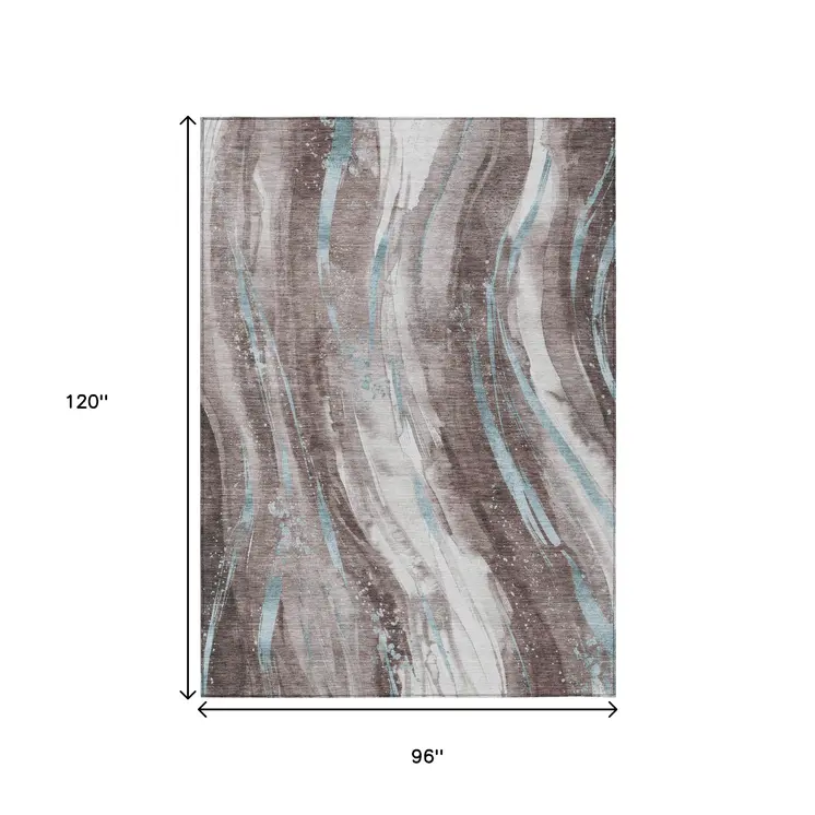 8' X 10' Taupe Sky Blue And Ivory Abstract Washable Indoor Outdoor Area Rug