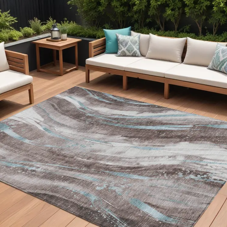 8' X 10' Taupe Sky Blue And Ivory Abstract Washable Indoor Outdoor Area Rug