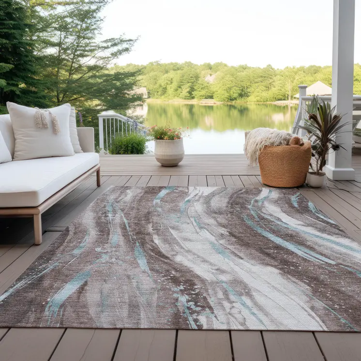 8' X 10' Taupe Sky Blue And Ivory Abstract Washable Indoor Outdoor Area Rug