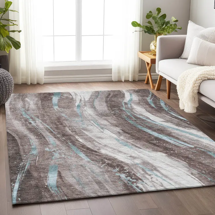 8' X 10' Taupe Sky Blue And Ivory Abstract Washable Indoor Outdoor Area Rug