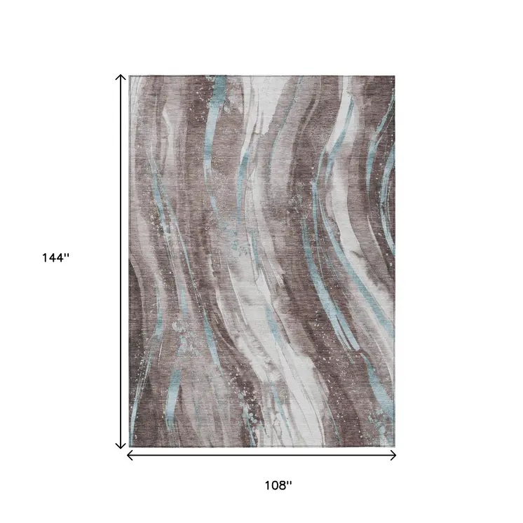 9' X 12' Taupe Sky Blue And Ivory Abstract Washable Indoor Outdoor Area Rug