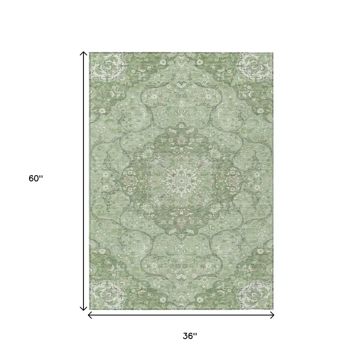3' X 5' Artichoke Green And Ivory Medallion Washable Indoor Outdoor Area Rug