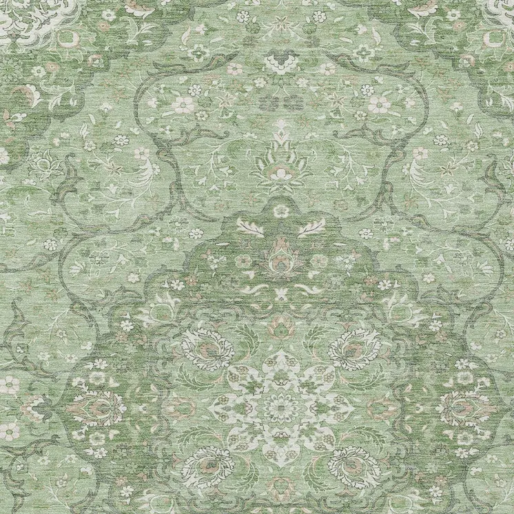 5' X 8' Artichoke Green And Ivory Medallion Washable Indoor Outdoor Area Rug