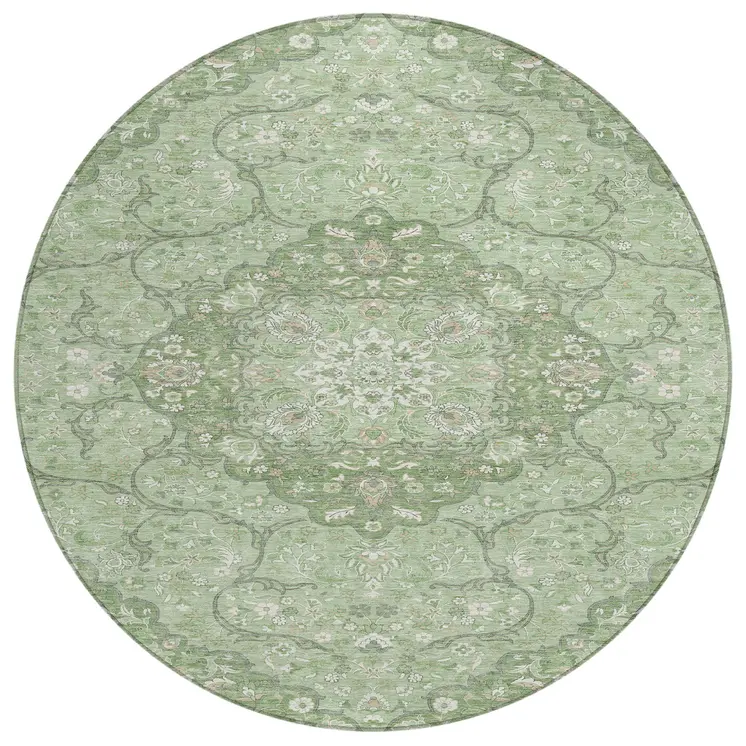 8' Artichoke Green And Ivory Round Medallion Washable Indoor Outdoor Area Rug