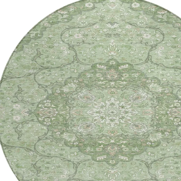 8' Artichoke Green And Ivory Round Medallion Washable Indoor Outdoor Area Rug