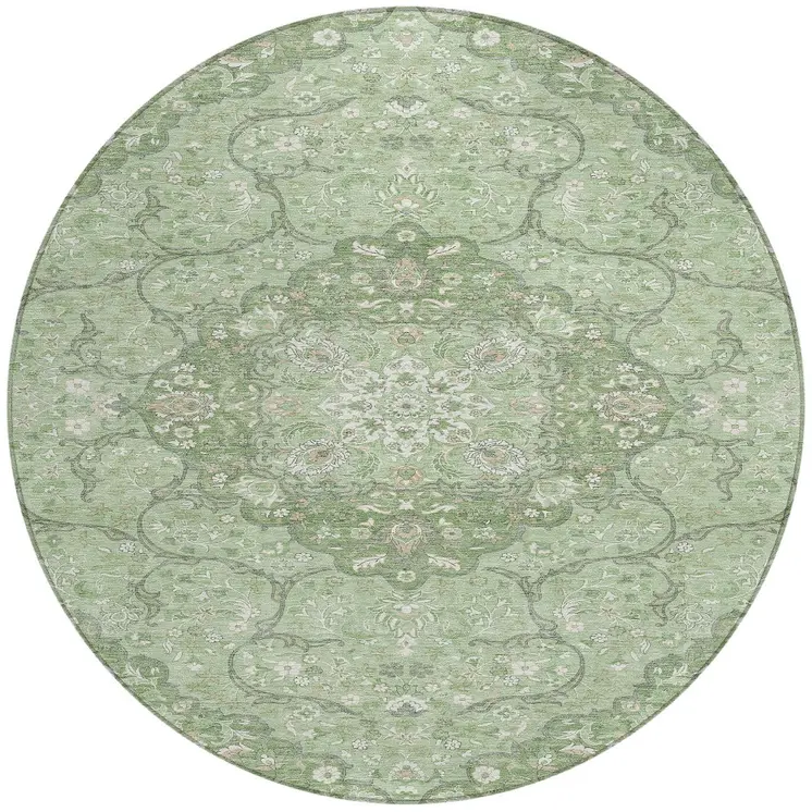 8' Artichoke Green And Ivory Round Medallion Washable Indoor Outdoor Area Rug