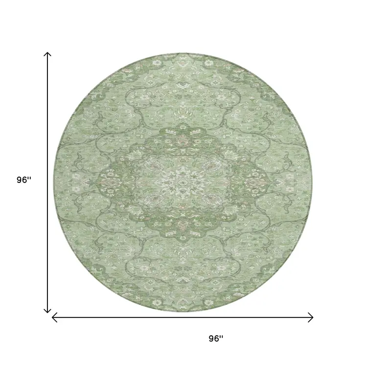 8' Artichoke Green And Ivory Round Medallion Washable Indoor Outdoor Area Rug