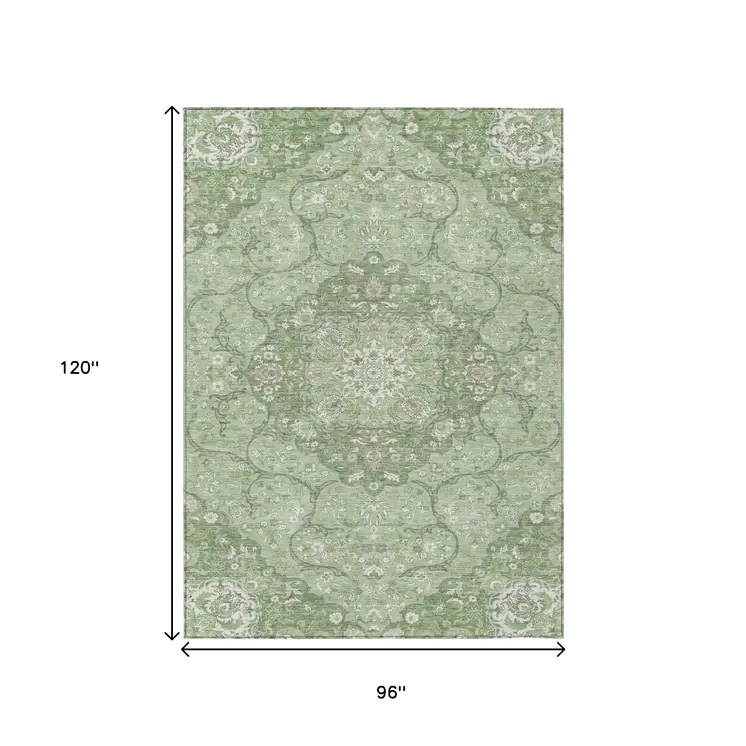 8' X 10' Artichoke Green And Ivory Medallion Washable Indoor Outdoor Area Rug