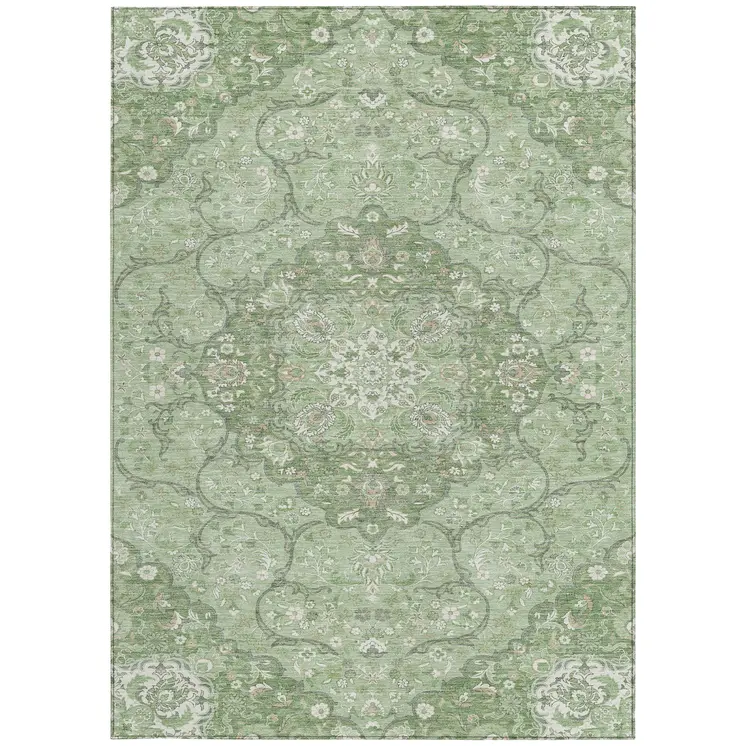 9' X 12' Artichoke Green And Ivory Medallion Washable Indoor Outdoor Area Rug