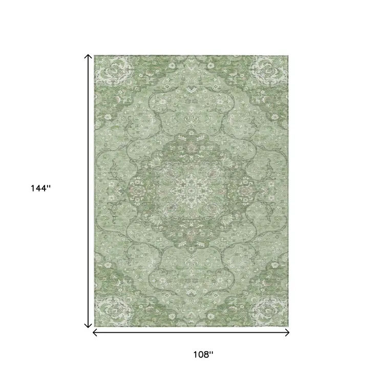 9' X 12' Artichoke Green And Ivory Medallion Washable Indoor Outdoor Area Rug