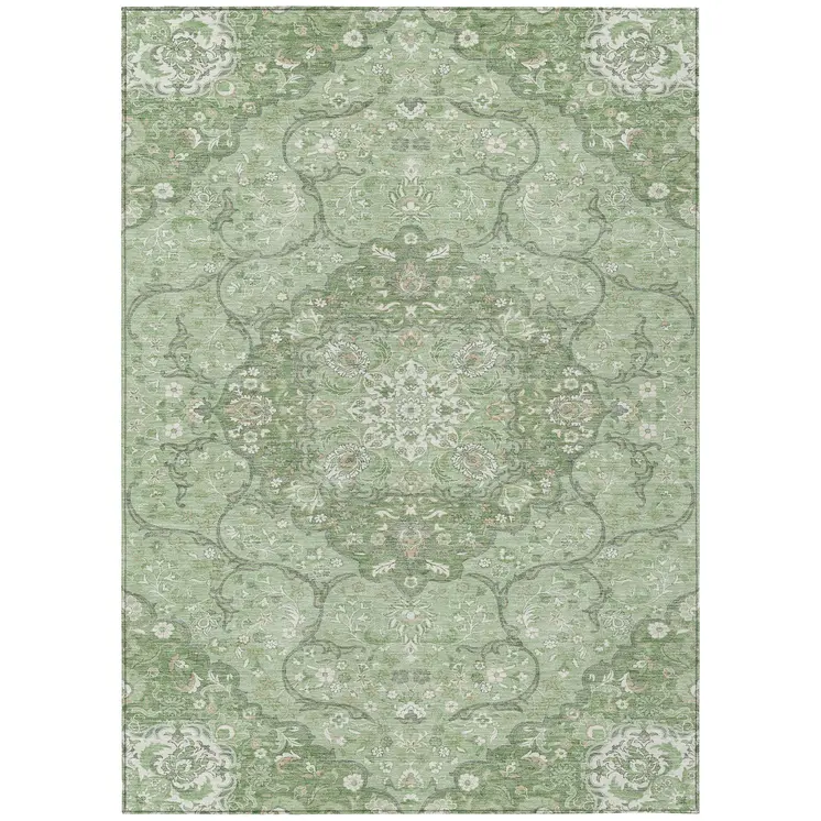 9' X 12' Artichoke Green And Ivory Medallion Washable Indoor Outdoor Area Rug