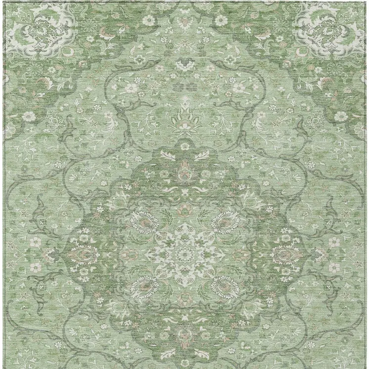 9' X 12' Artichoke Green And Ivory Medallion Washable Indoor Outdoor Area Rug